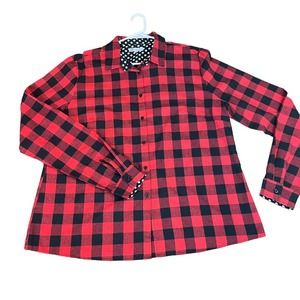 Buffalo check button up, polka dot detail at collar & cuffs shirt top